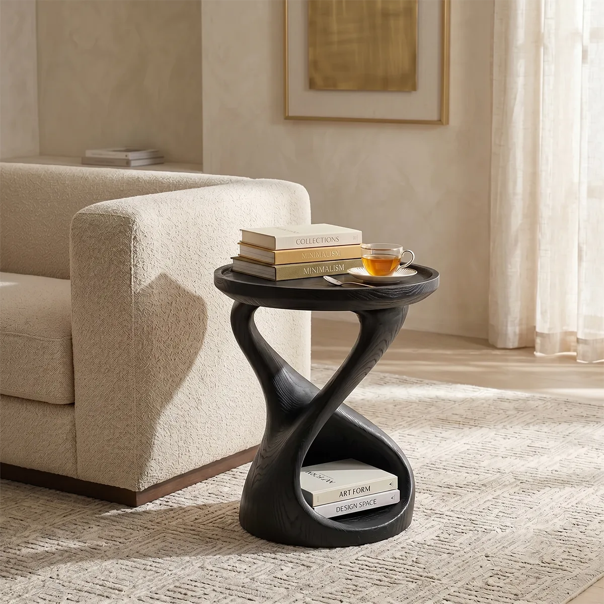 Hourglass Solid Wood Side Table with Storage | Sculptural End Table TH003-8108