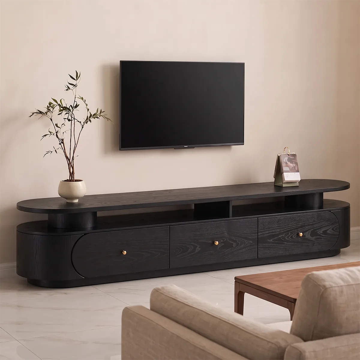 Modern TV Stand with 3 Drawers & Open Shelf | Curved Media Console TH003-1IBC4JQ