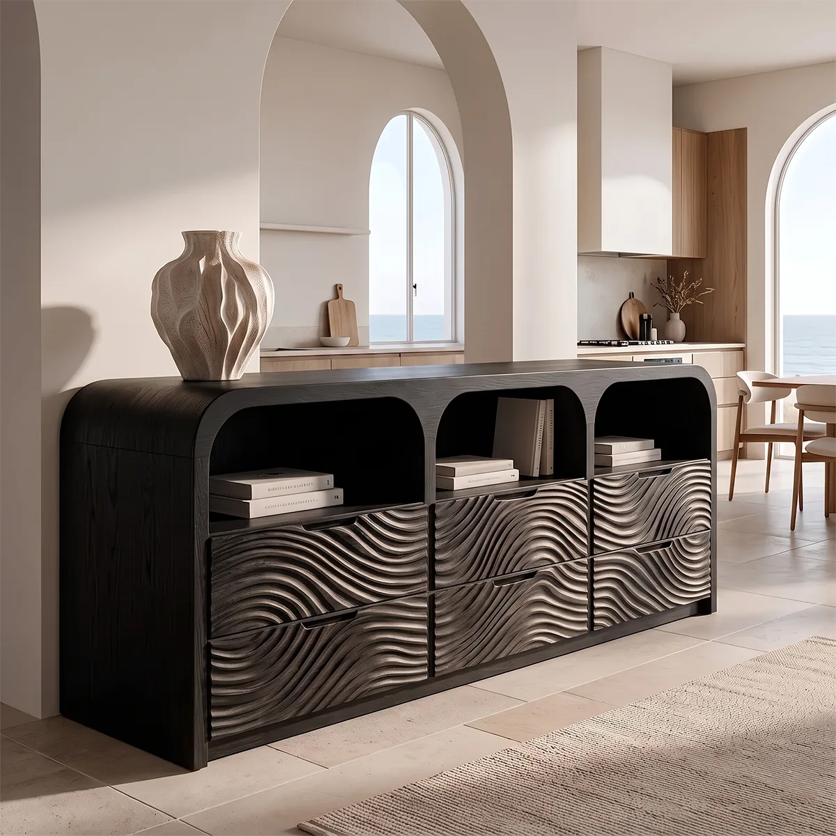 Wave Carved Solid Wood Storage Cabinet | Modern Credenza with Drawers & Open Shelves TH003-9574