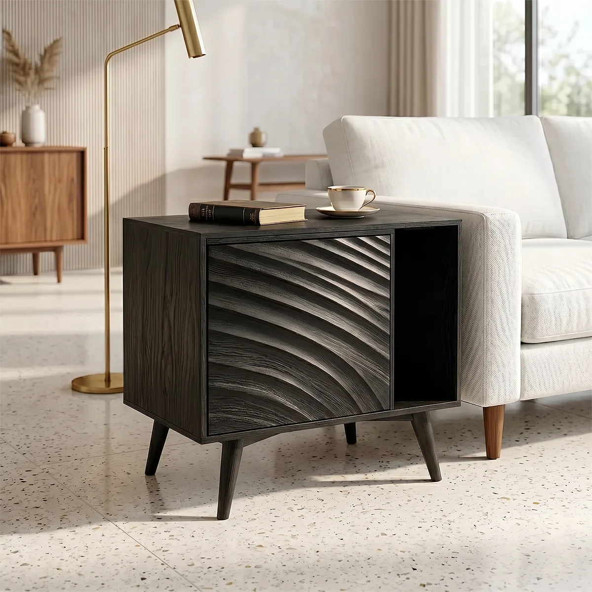Modern Solid Wood End Table with Sliding Door | Mid Century Storage Side Table for Living Room TH003-6094