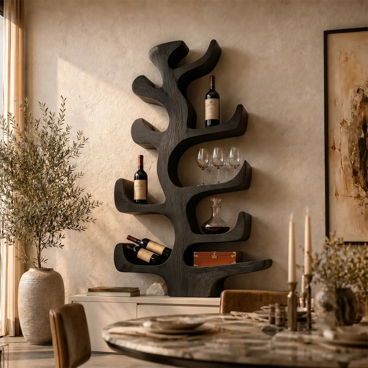 Sculptural Solid Wood Tree Wine Holder for Dining Rooms, Home Bars & Wine Lovers TT006-4348