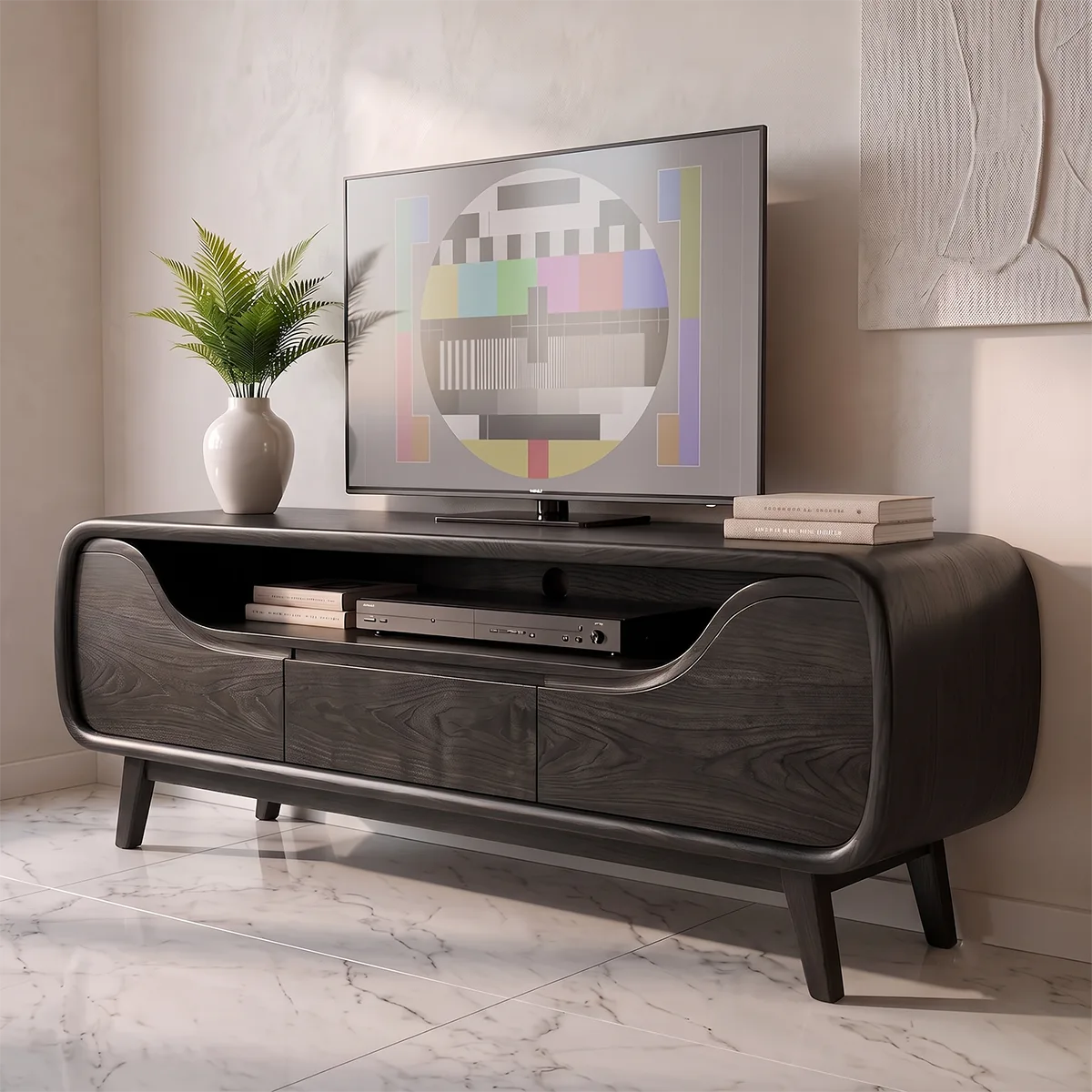 Modern Curved TV Stand with Drawer & Open Media Shelf | Sculptural Low Profile Console TH003-2WQM9UQ