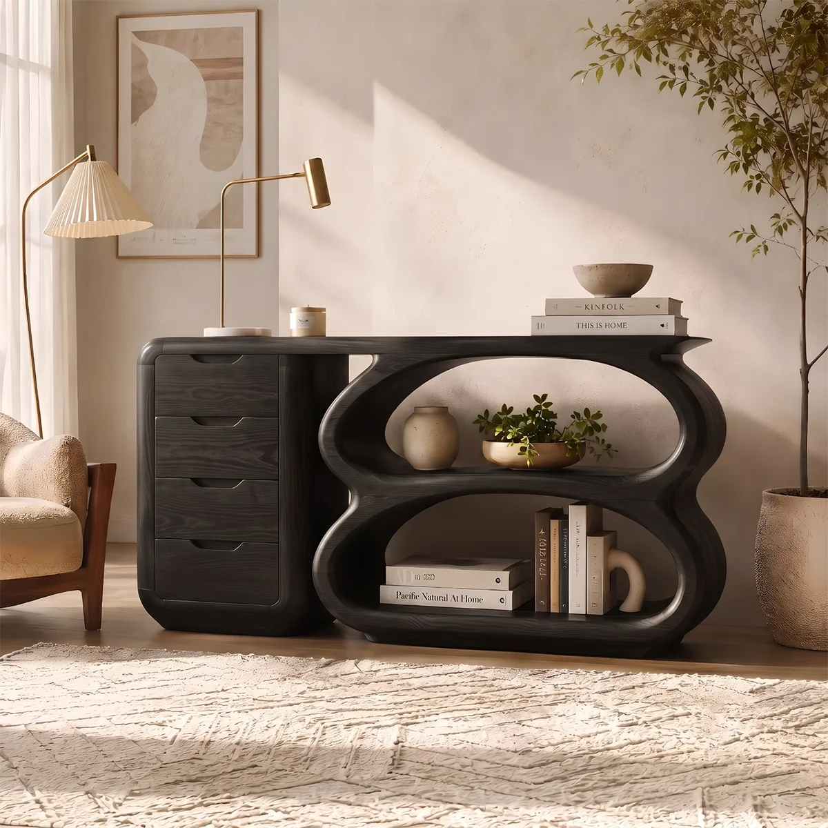 Modern Organic Storage Console Table with Drawers & Open Shelves | Solid Wood Entryway Console TT006-4338