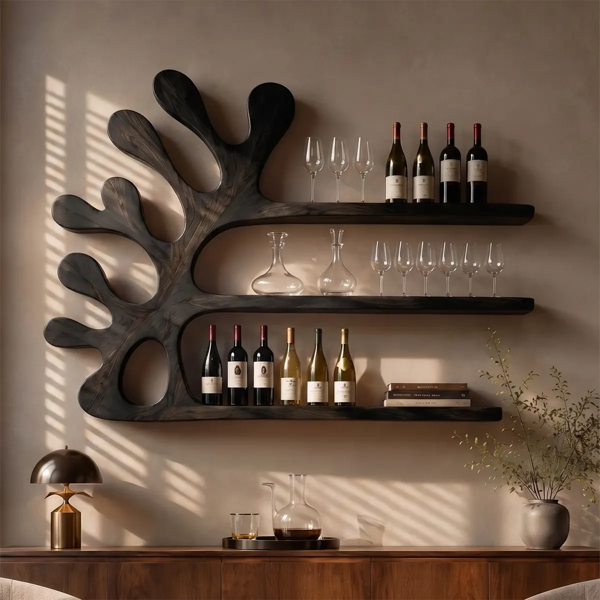Sculptural Solid Wood Tree Wall Wine Rack for Home Bars & Wine Lovers TT006-9897