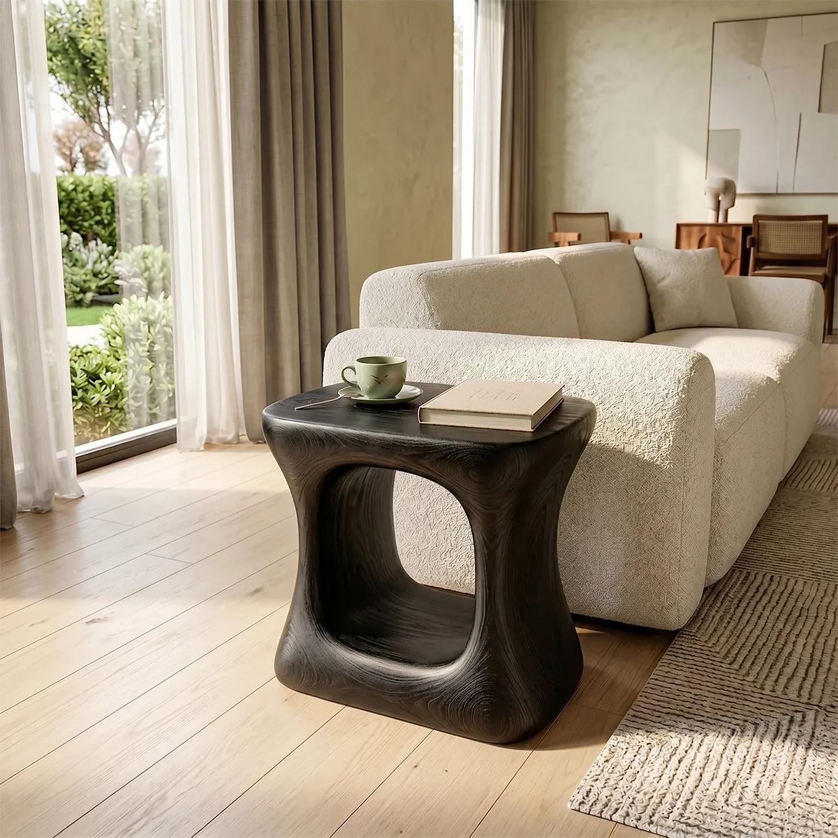 Modern Solid Wood End Table | Sculptural Hollow Accent Side Table for Living Room TH003-4147