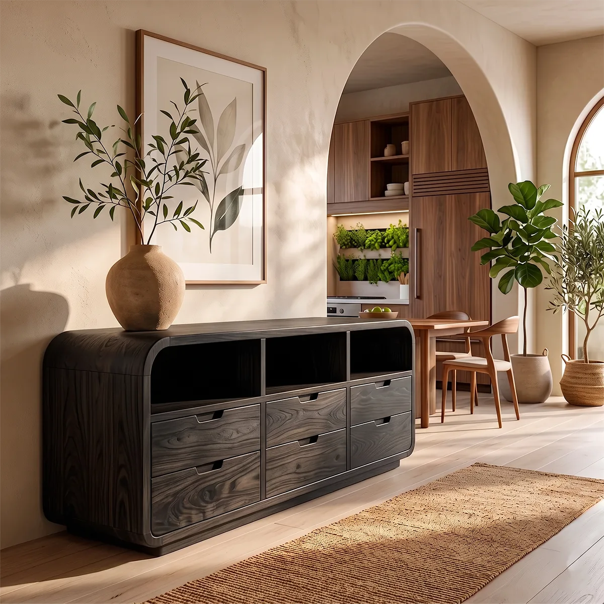 Modern Sideboard Cabinet | 6 Drawer Storage Cabinet with Open Shelves & Rounded Waterfall Design TH003-3023