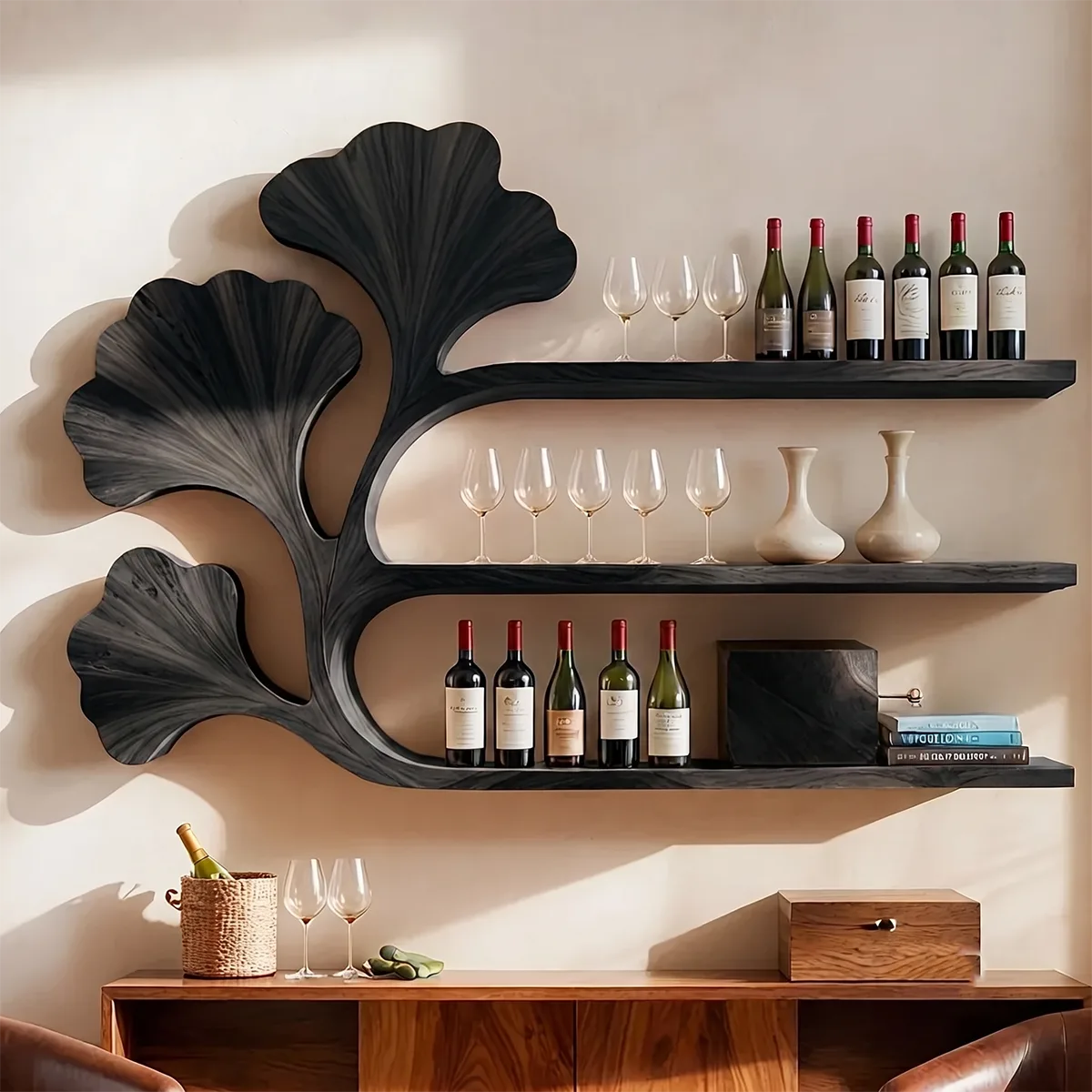 Ginkgo Grove Solid Wood Wall Wine Rack for Artful Dining Rooms & Wine Collectors TT006-2714