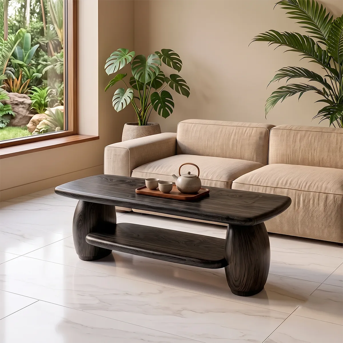 Modern Rounded Rectangle Coffee Table | Open Shelf Center Table for Living Room TH003-2936