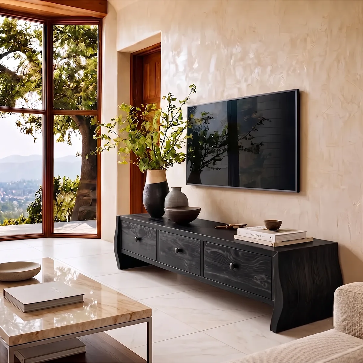 Modern TV Stand with 3 Drawers & Sculptural Curved Legs | Minimalist Media Console TH003-2IWI9LN