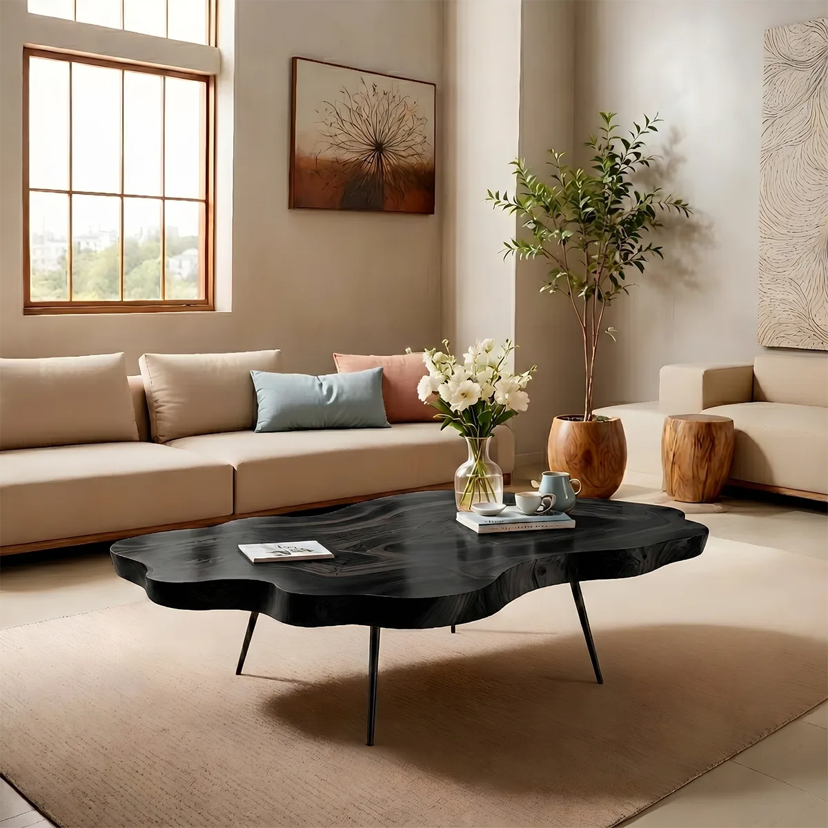 Organic Live Edge Solid Wood Coffee Table – Handcrafted Modern Rustic Table