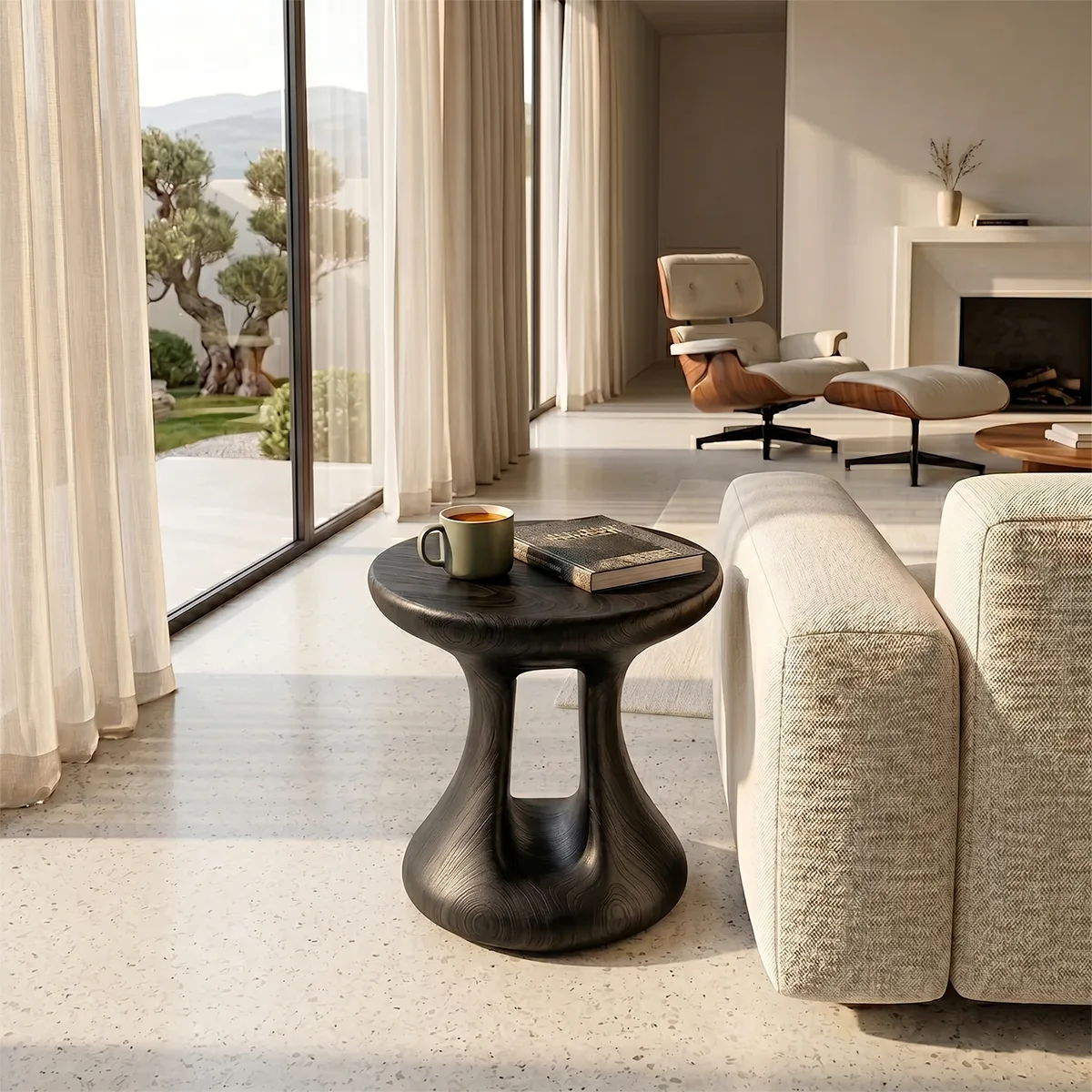 Organic Solid Wood Round End Table | Sculptural Pedestal Side Table for Modern Living Room TH003-6440