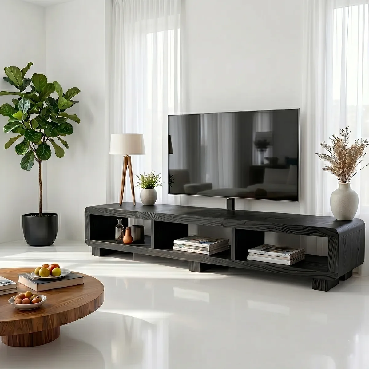 Modern Solid Wood Open Media Console TV Stand