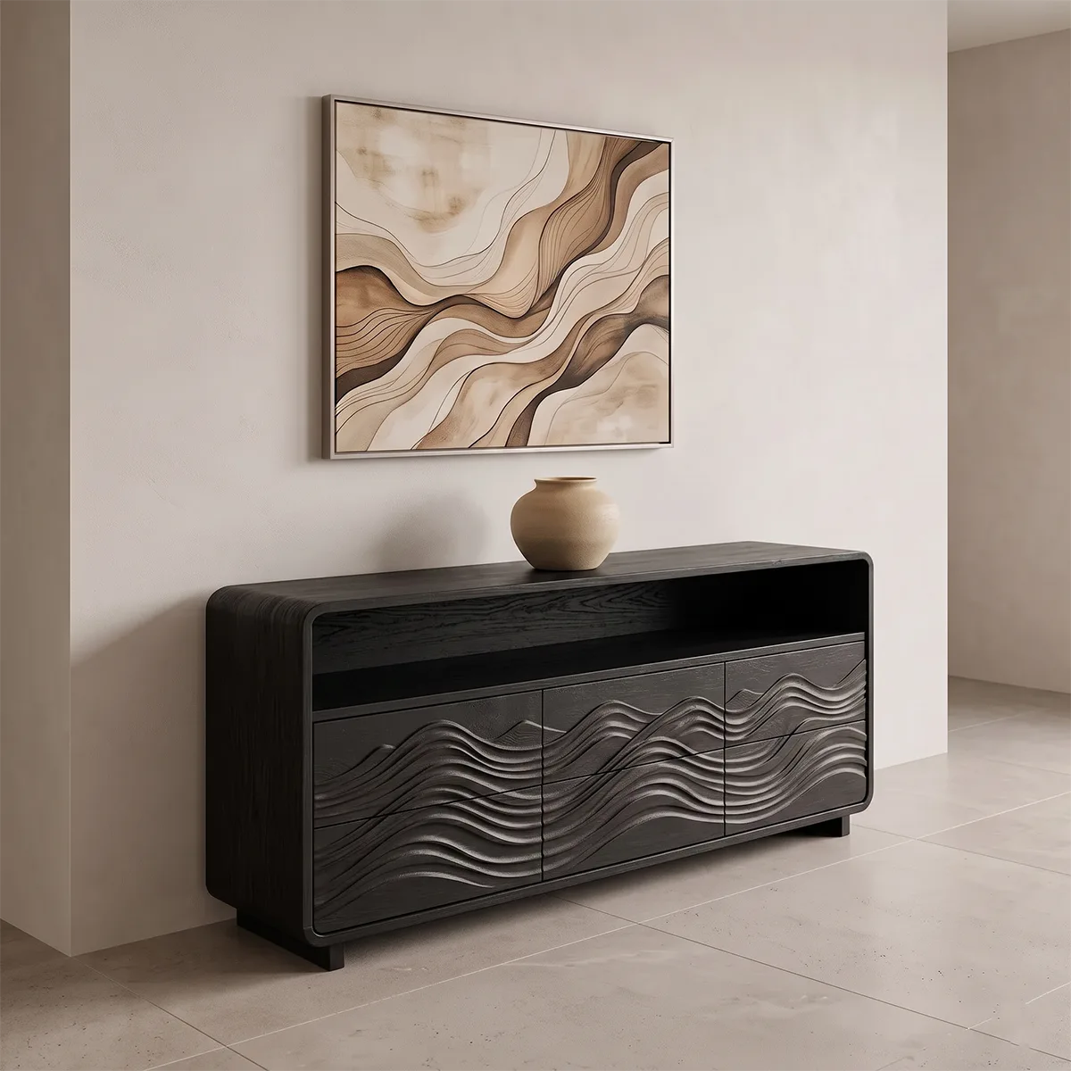 Modern Sideboard Cabinet | Wave Carved Storage Cabinet with Open Shelf & 6 Drawers TH003-7310