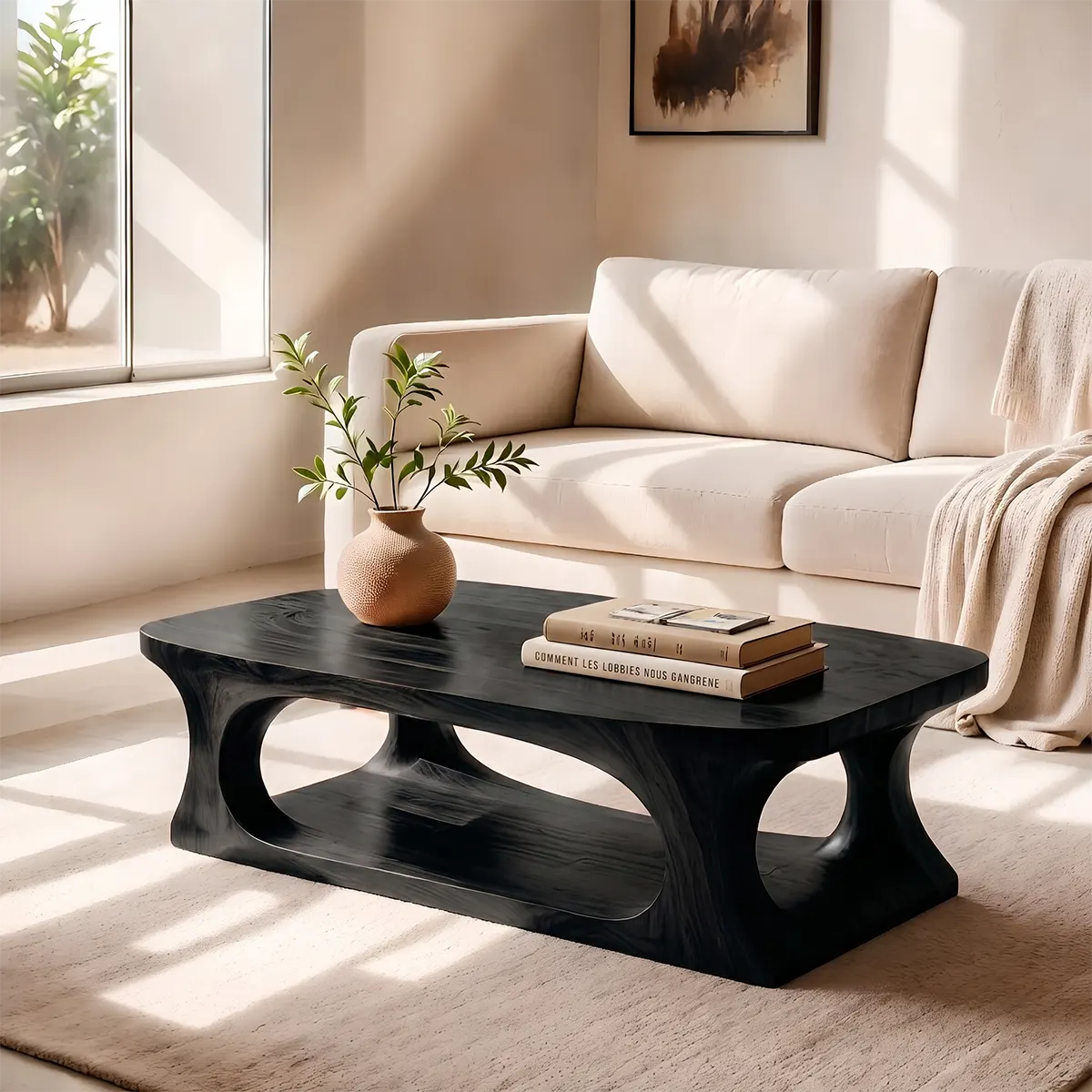 Modern Coffee Table with Shelf | Organic Sculptural Cocktail Table for Contemporary Living Room TT006-5621