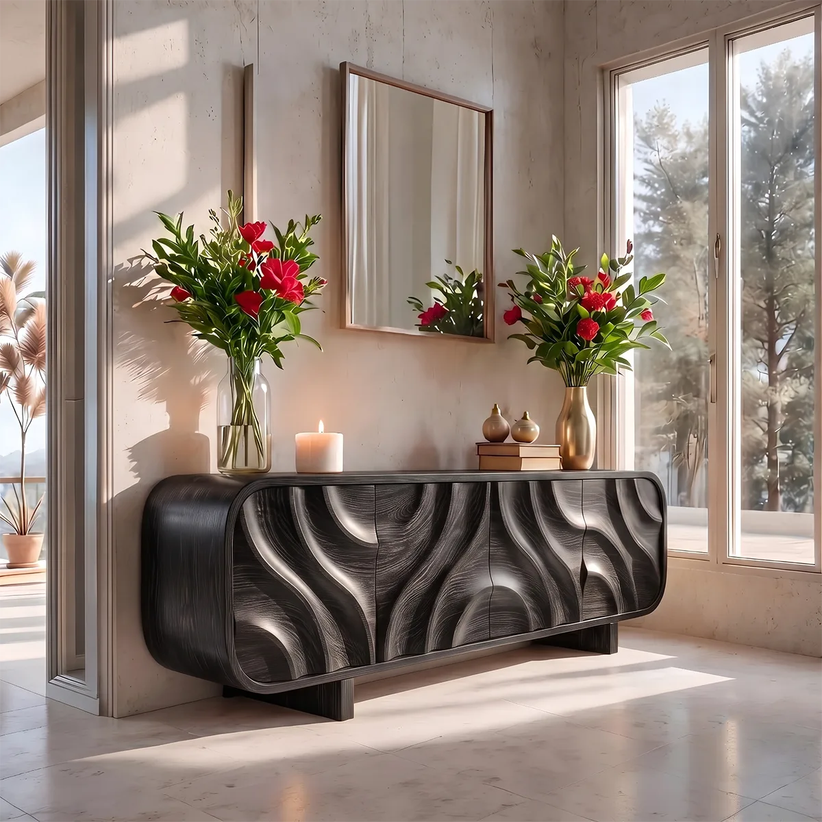 Modern Organic Sideboard Cabinet with Sculpted Wood Doors | Contemporary Storage Credenza TT006-3641