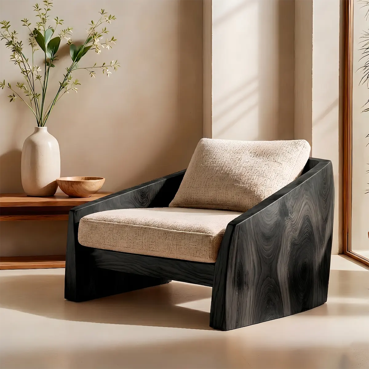 Modern Solid Wood Lounge Chair | Handcrafted Wooden Accent Chair with Sculptural Design TT006-1708