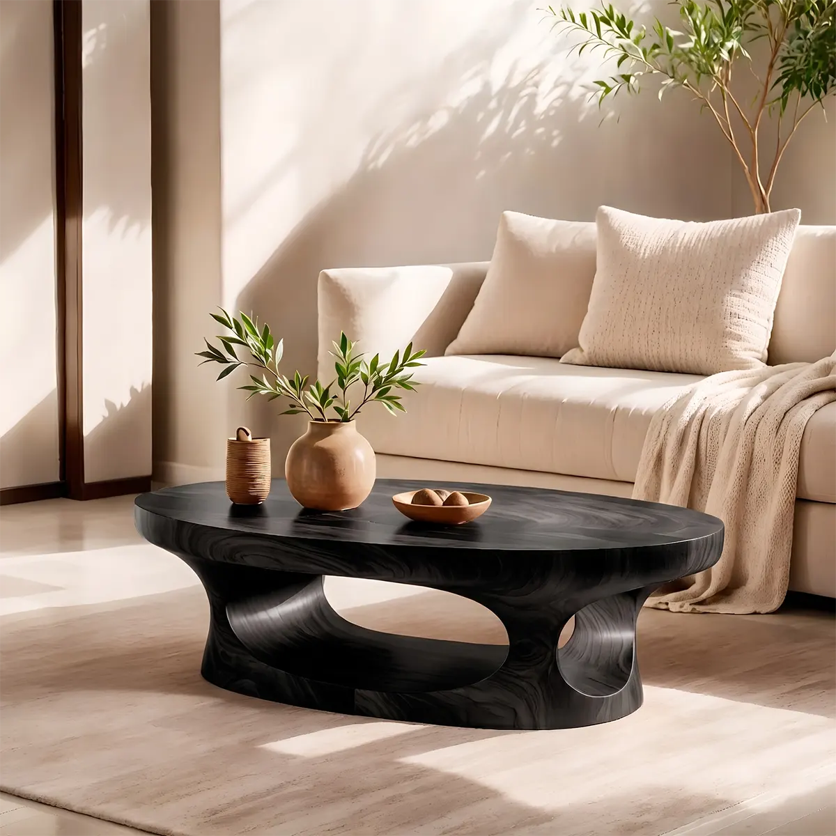 Modern Oval Coffee Table with Shelf | Sculptural Cocktail Table for Contemporary Living Room TT006-1650