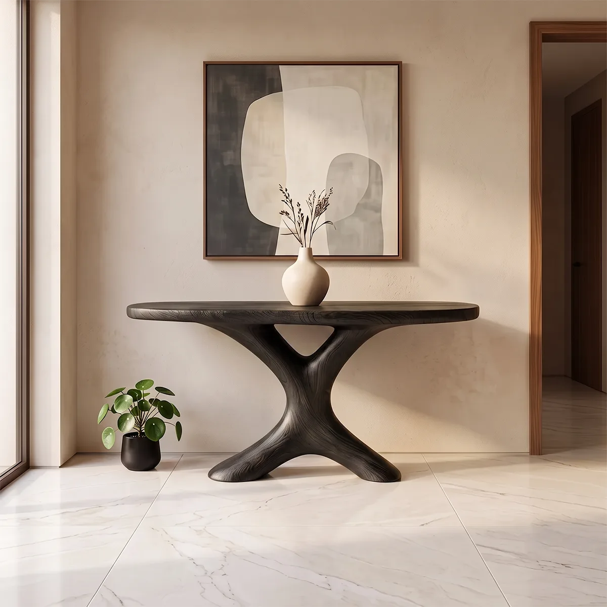Modern Sculptural Console Table | Organic Entryway Accent Table with Architectural Pedestal TH003-1525