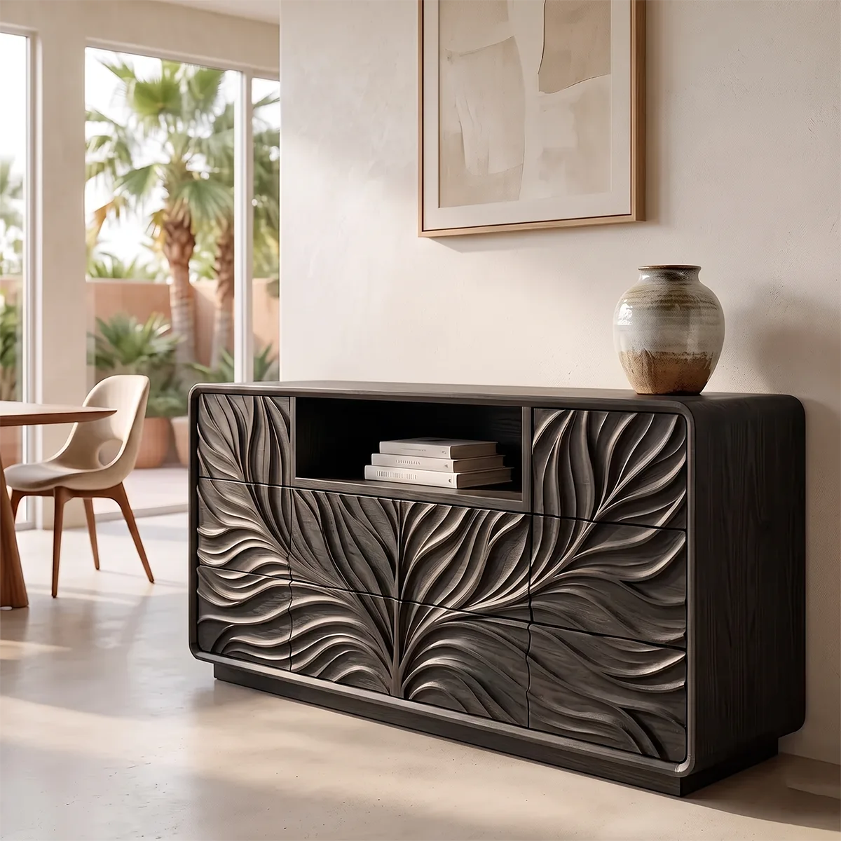 Modern Sideboard Cabinet | Leaf Carved Storage Cabinet with Open Shelf & 8 Drawers TH003-9785