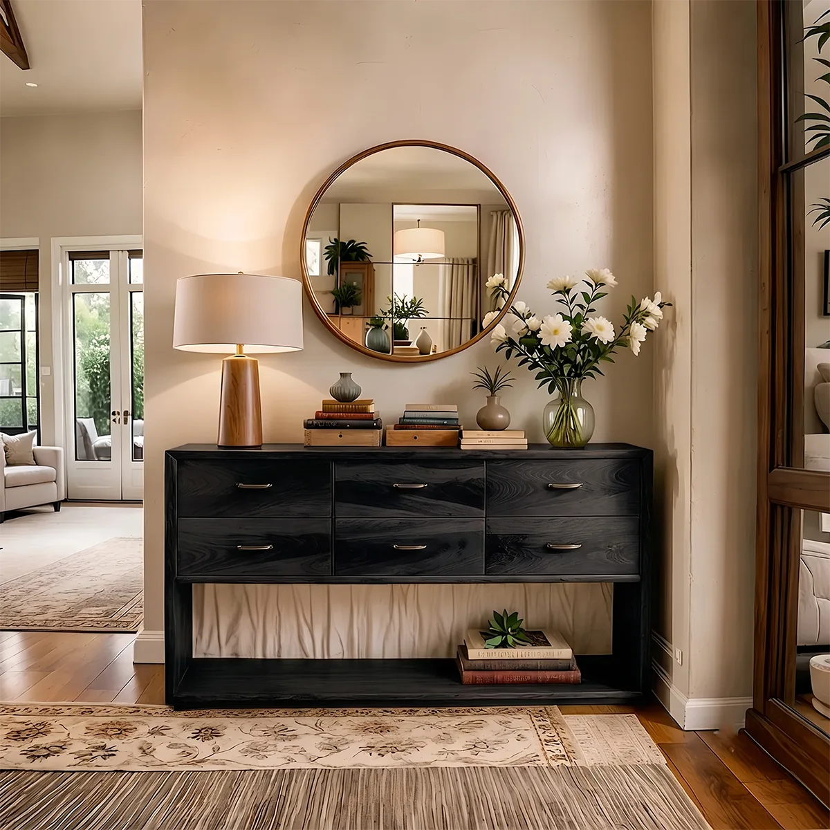 Modern 6 Drawer Console Table with Open Shelf – Minimalist Entryway Storage Cabinet TH003-9381
