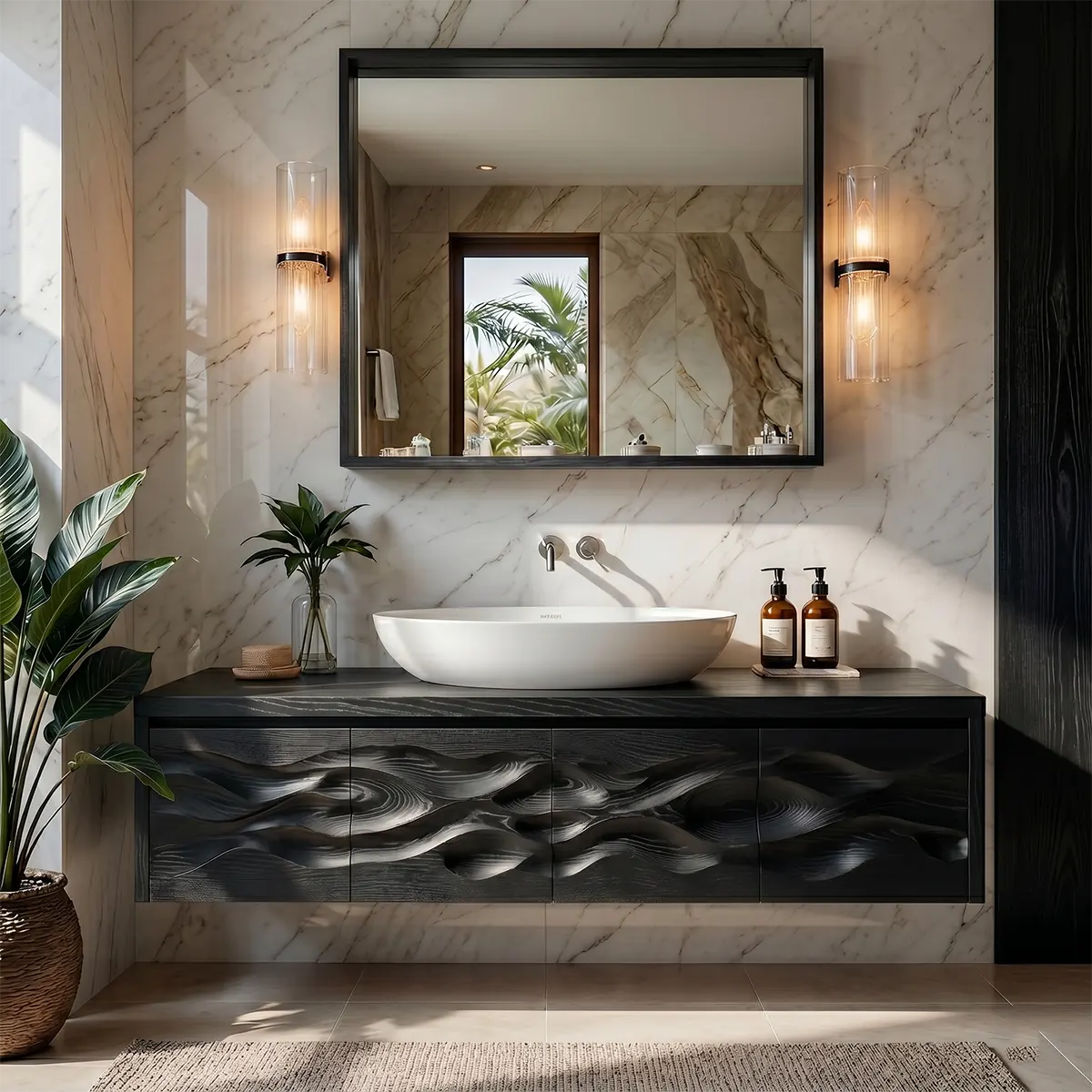 Organic Wave Carved Floating Bathroom Vanity Cabinet TT006-1798