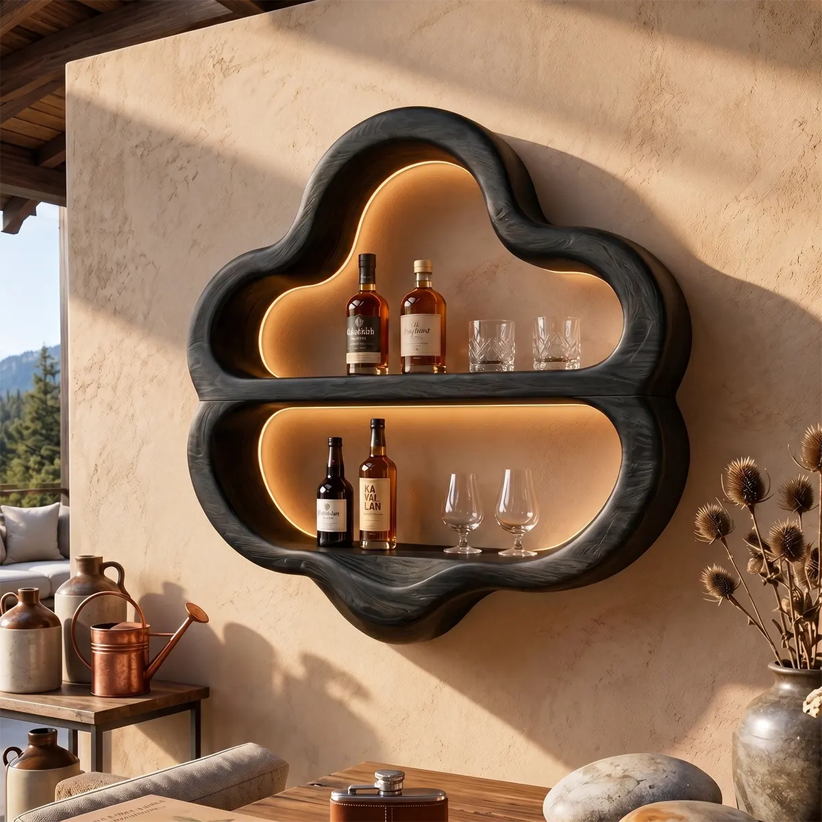 Sculptural Solid Wood Wall Wine Holder for Home Bars & Wine Lovers TT006-5261