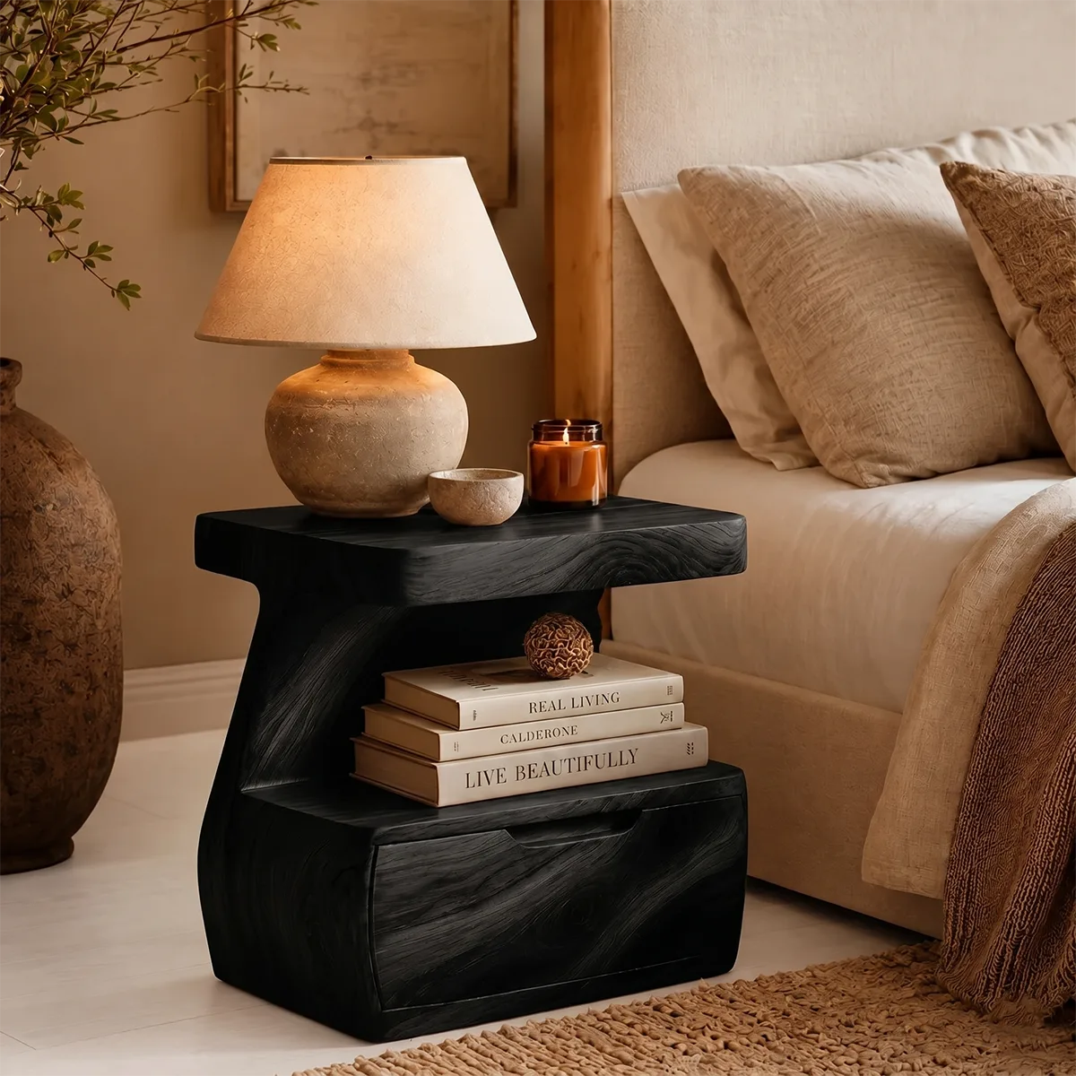 Handcrafted Solid Wood Nightstand Organic Bedside Table with Storage Drawer