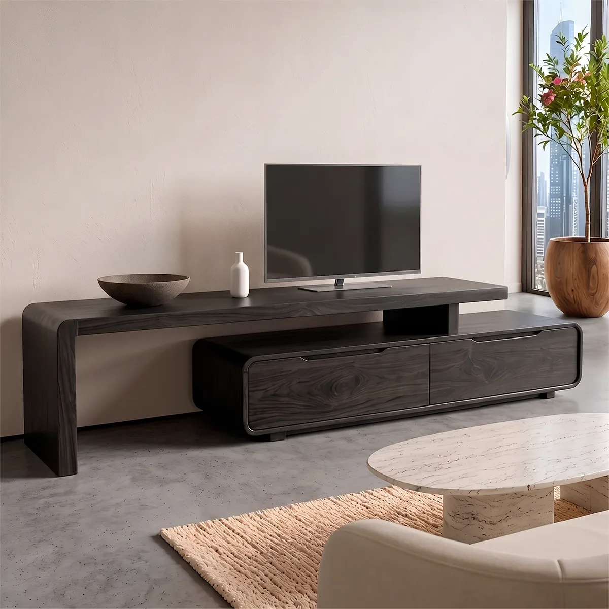 Modern Asymmetrical TV Stand with 2 Drawers | Low Profile Media Console TH003-9QJE5UT