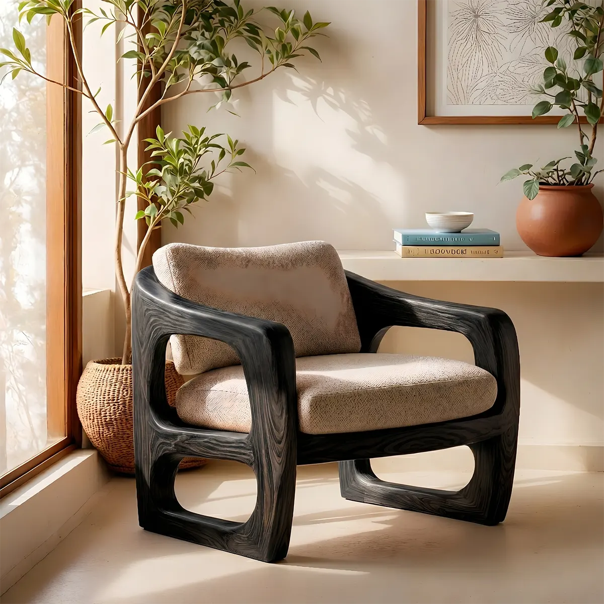 Modern Solid Wood Lounge Chair | Sculptural Wooden Accent Chair with Open Arm Design TT006-1322