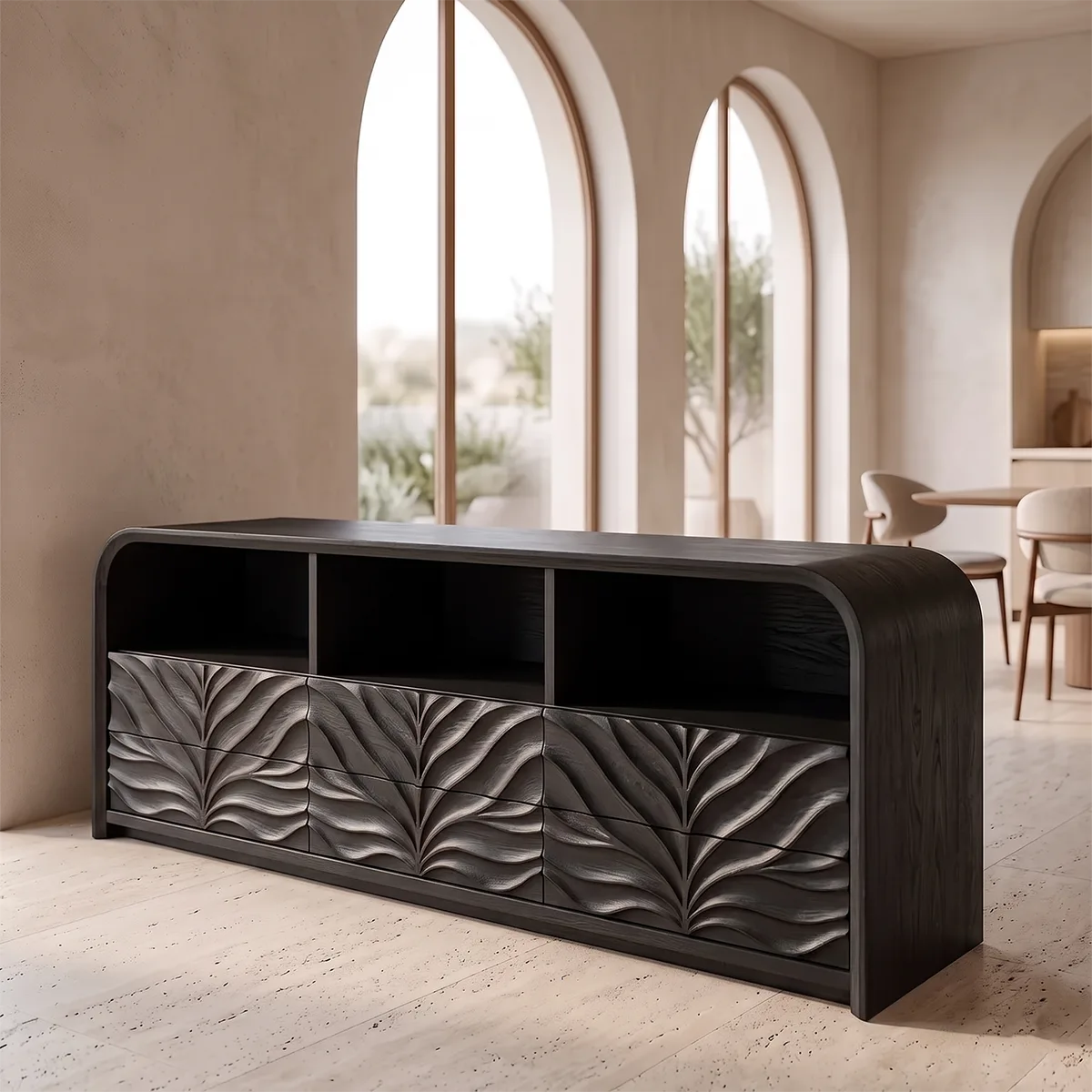 Modern Sideboard Cabinet | Leaf Carved Storage Cabinet with Open Shelves & 8 Drawers TH003-9304