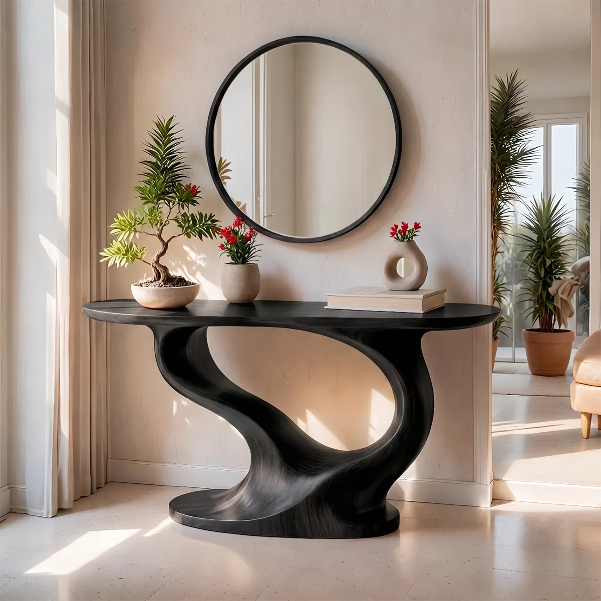 Modern Organic Console Table with Sculptural Solid Wood Base | Contemporary Entryway Console TT006-8689