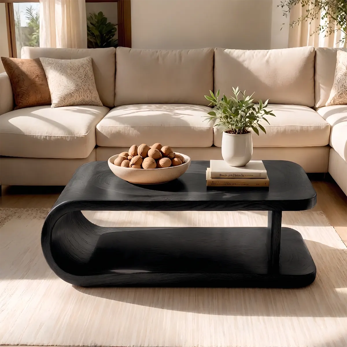 Modern Waterfall Coffee Table | Sculptural Open Shelf Center Table for Contemporary Living Room TT006-7074