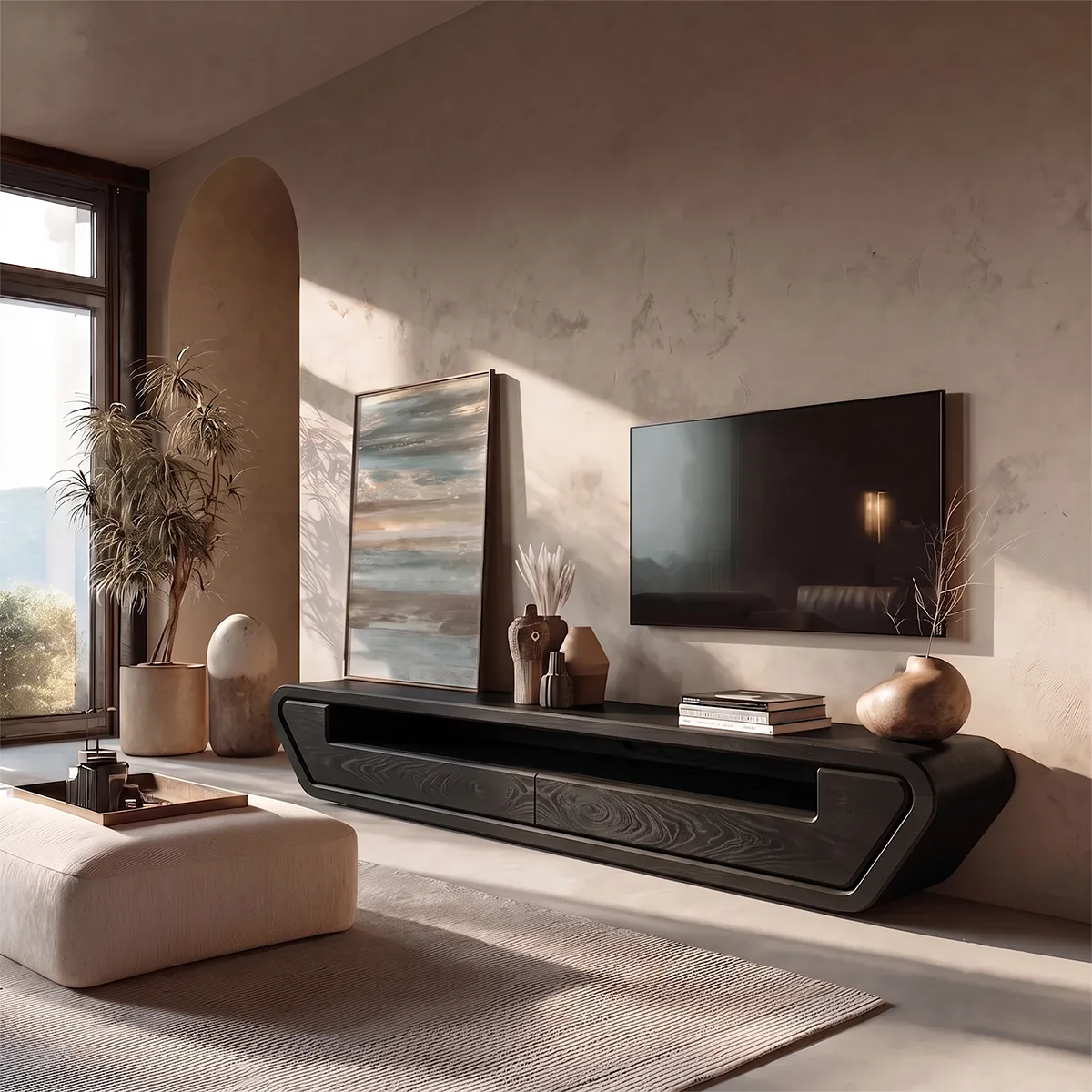 Modern Curved TV Stand with 2 Drawers & Open Media Shelf | Low Profile Entertainment Console TH003-4LAL5FE