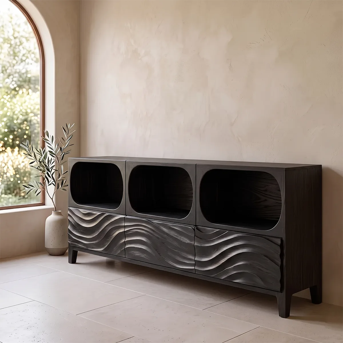 Modern Sideboard Cabinet | Wave Front Storage Cabinet with Open Shelves & Drawers TH003-8331