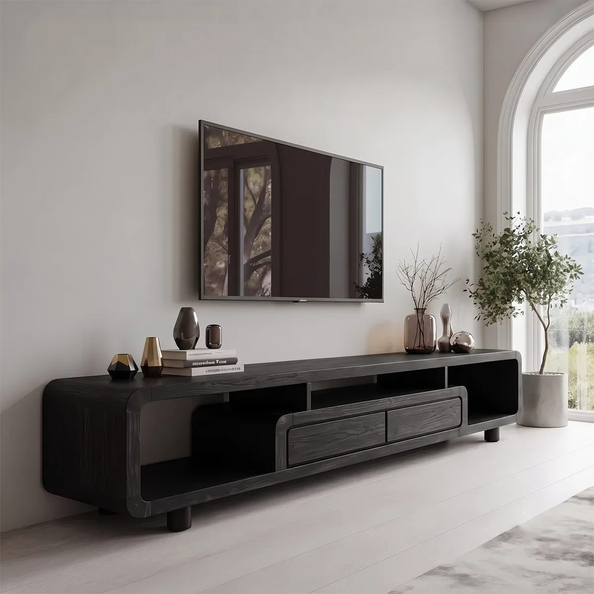 Modern Curved TV Stand with Open Shelves & 2 Drawers | Low Profile Entertainment Console TH003-5MRZ4FZ