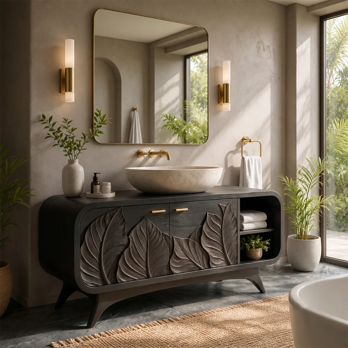Botanical Leaf Relief Single Sink Bathroom Vanity Cabinet TT006-4332