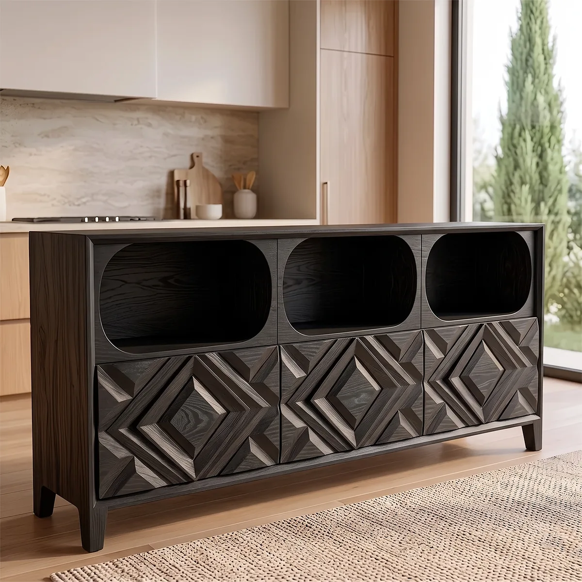 Modern Sideboard Cabinet | Geometric Carved Buffet Cabinet with Open Shelves & Storage TH003-2841