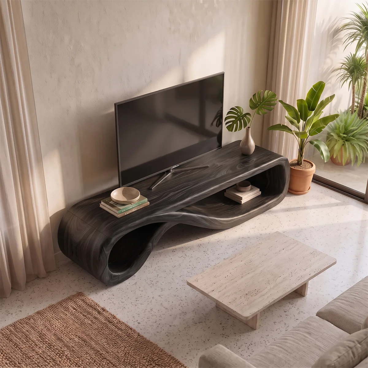 Sculptural Curved TV Stand with Open Storage | Modern Low Profile Entertainment Console TH003-7MDL5CO