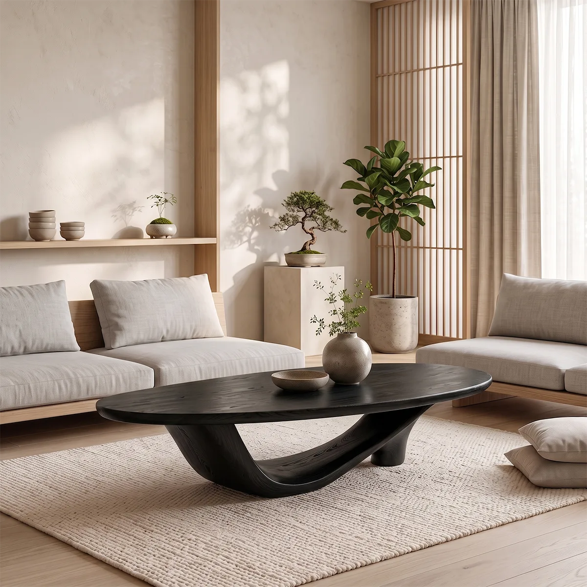 Organic Oval Coffee Table | Sculptural Solid Wood Low Profile Center Table TT006-4918