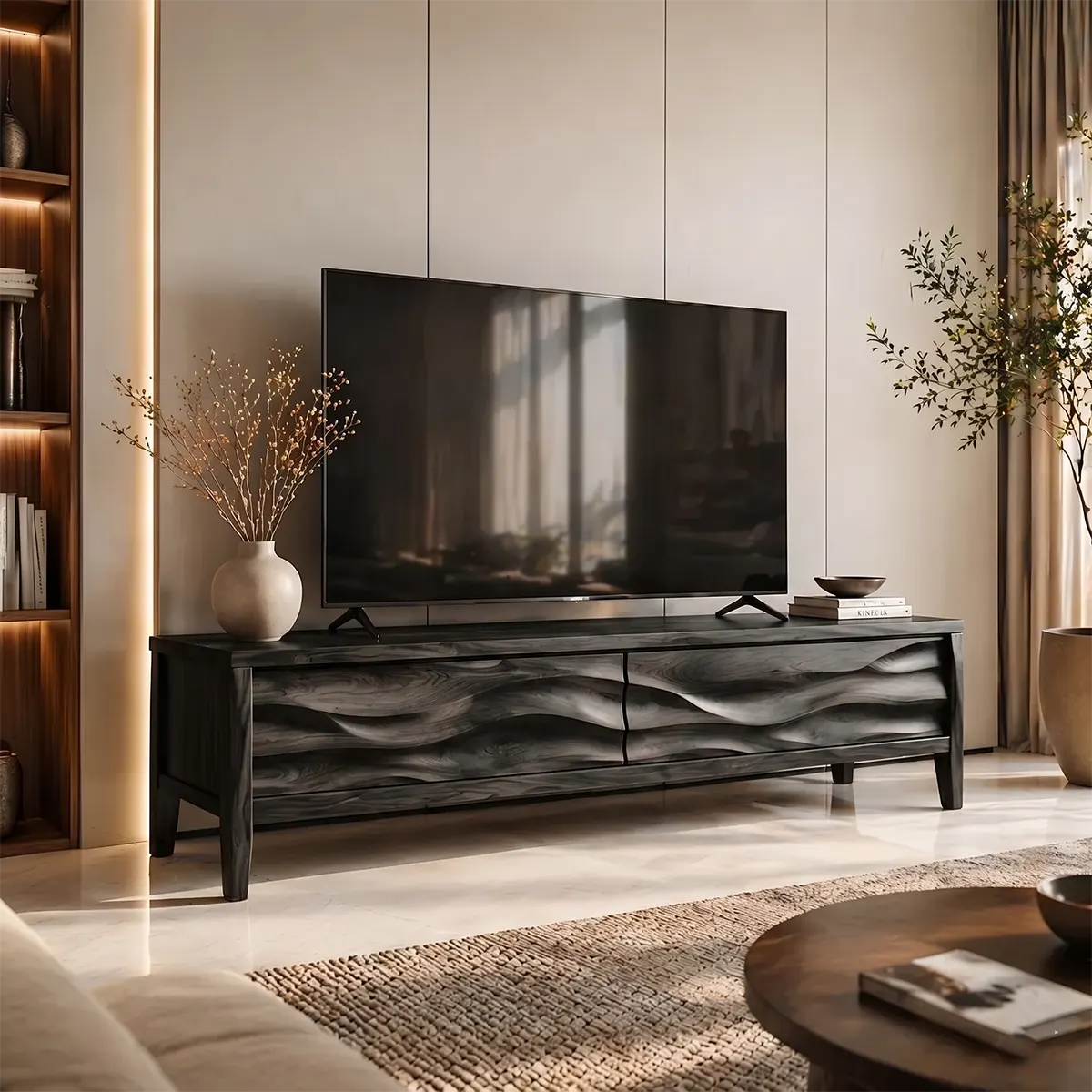 Modern Solid Wood 3D Wavy Carved TV Stand