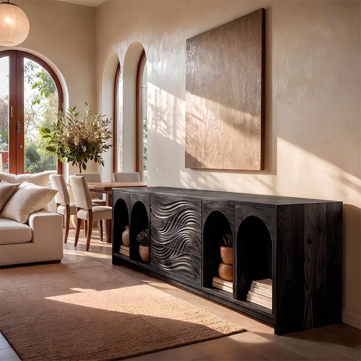 Modern Sideboard Cabinet | Wave Front Buffet Cabinet with Arched Open Shelves & Drawers TH003-8213