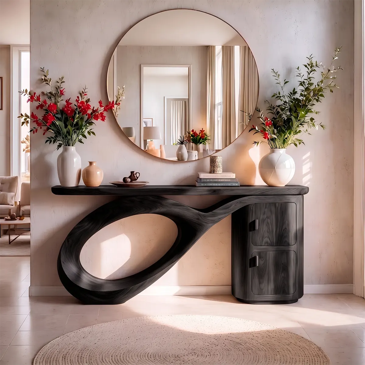 Modern Organic Console Table with Sculptural Wood Base & Storage Cabinet | Luxury Entryway Table TT006-9943