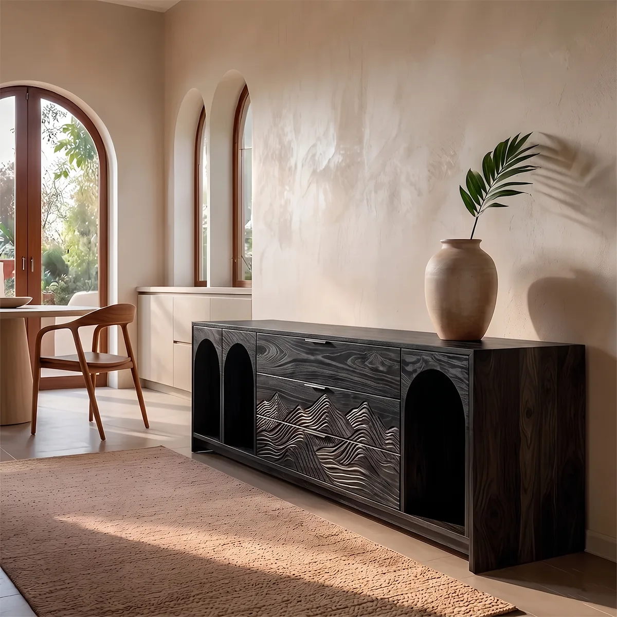 Modern Sideboard Cabinet | Mountain Carved Storage Cabinet with Arched Open Shelves TH003-1857