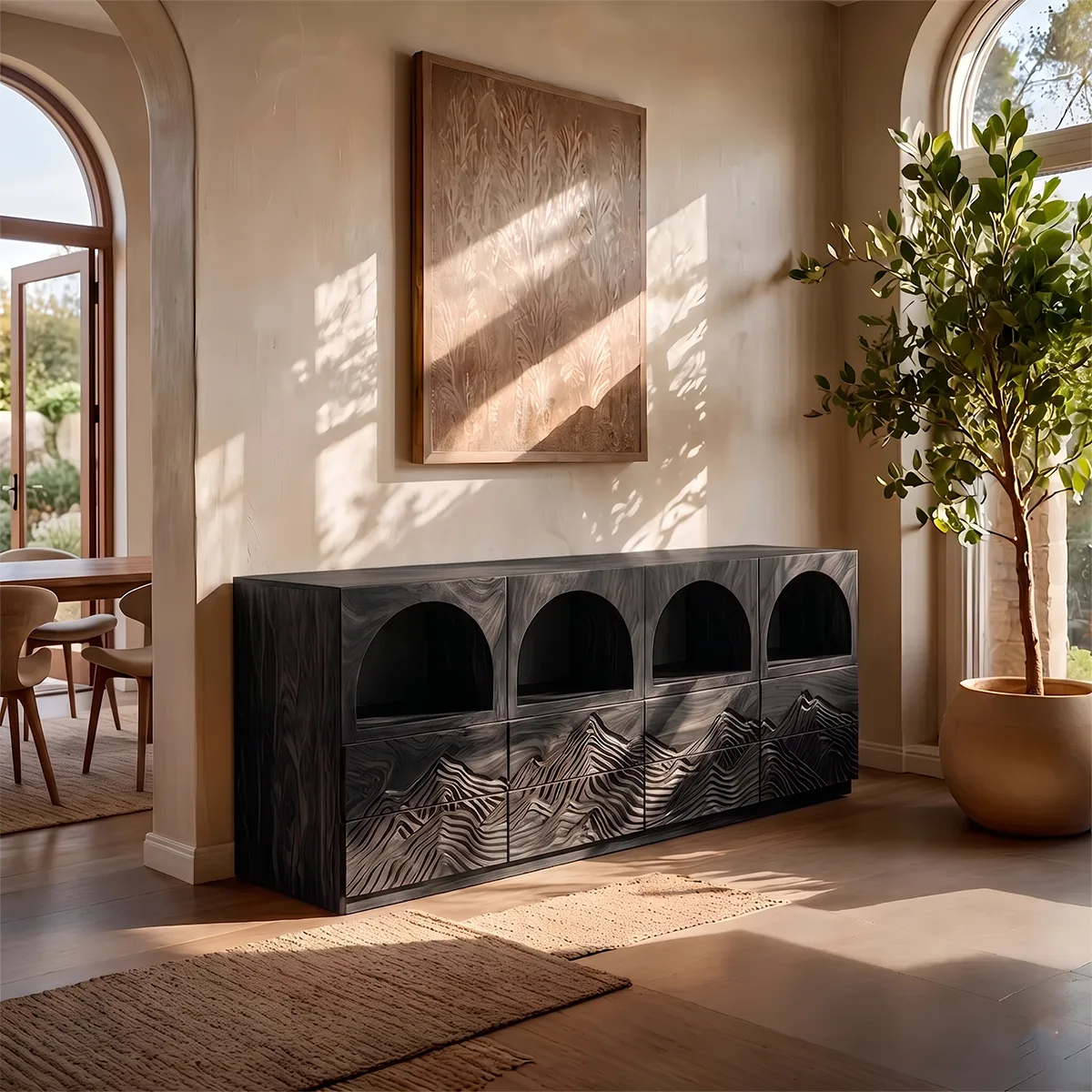Modern Sideboard Cabinet | Mountain Carved Buffet Cabinet with Open Shelves & Drawers TH003-4345
