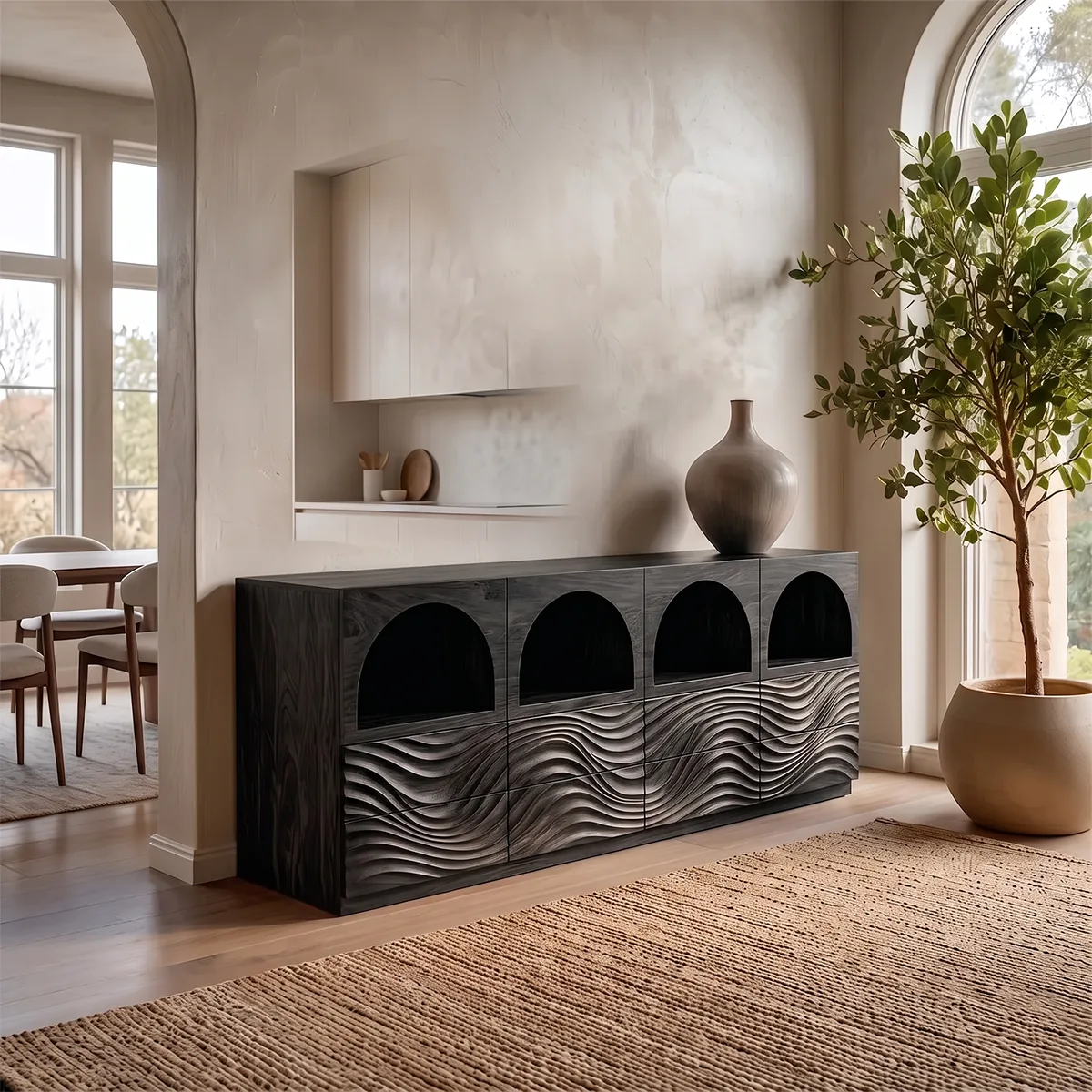 Modern Sideboard Cabinet | Wave Carved Buffet Cabinet with Open Shelves & Drawers TH003-8099