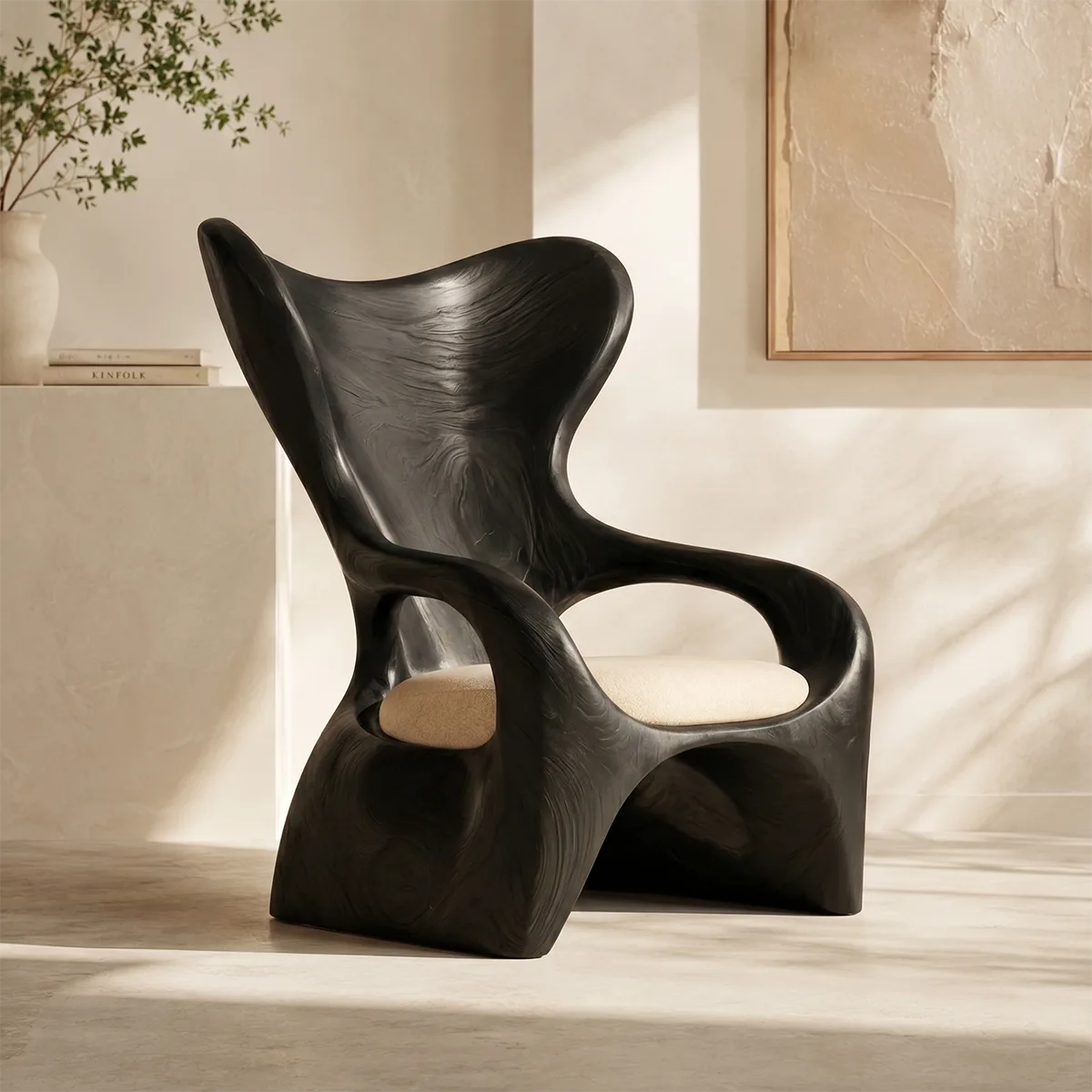 Organic High Back Solid Wood Lounge Chair | Sculptural Handcrafted Wooden Accent Chair TT006-3675