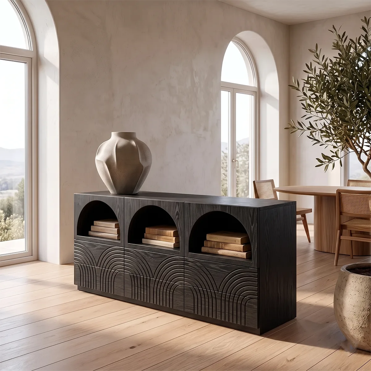 Modern Sideboard Cabinet | Arched Display Buffet Cabinet with Geometric Drawer Fronts TH003-4779