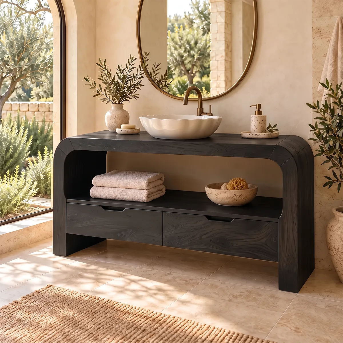 Curved Waterfall Bathroom Vanity | 2-Drawer Vanity with Large Open Storage Shelf TH003-4TMA9VP