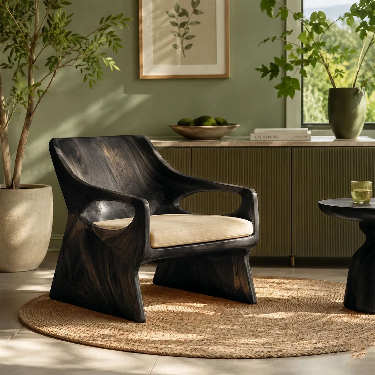 Organic Solid Wood Lounge Chair | Handcrafted Modern Wooden Accent Chair with Sculpted Arms TT006-9754