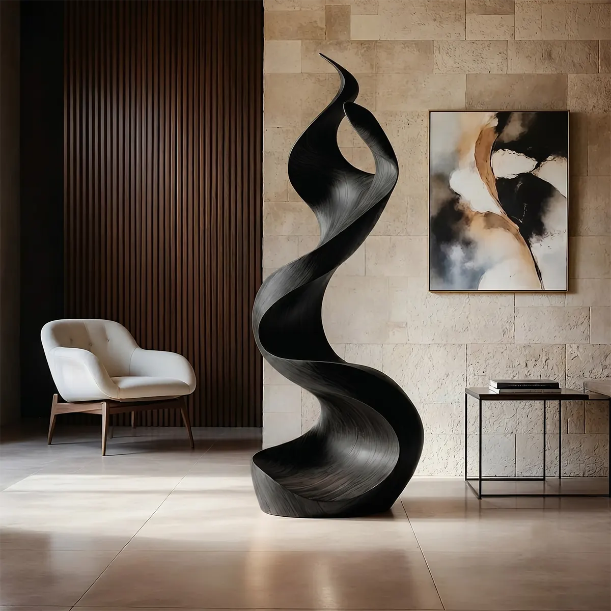 Handcrafted Solid Wood Ribbon Floor Sculpture – Modern Organic Statement Art TT006-2239